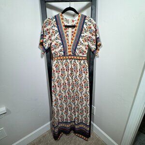 Urban Romantics Boho Floral Maxi Dress – V-Neck, Smocked Waist, Size M